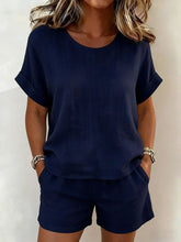 Load image into Gallery viewer, Women's Relaxed Cotton-Linen Cuffed Sleeve Top &amp; Shorts Two-Piece Set
