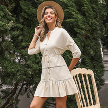 Load image into Gallery viewer, Women's V-Neck A-Line Dress – Three-Quarter Sleeve Button Contrast Panel
