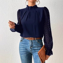 Load image into Gallery viewer, Women's Mock Neck Chiffon Blouse – Wave Pattern Sheer Long Sleeve with Ruffle Cuffs
