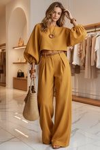 Load image into Gallery viewer, Women's Balloon Puff Sleeve Tie-Cuff Crop Top &amp; Pleated Wide-Leg Trousers Set
