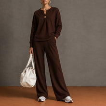 Load image into Gallery viewer, Women's Single-Button Split-Neck Sweatshirt &amp; Wide-Leg Pants Set
