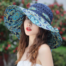 Load image into Gallery viewer, Women's Patterned Straw Beach Sun Hat – Round Crown UV Protection Summer Hat
