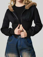 Load image into Gallery viewer, Black Fuzzy Hem Hooded Zip-Up Jacket With Long Sleeves and Casual Style Jacket
