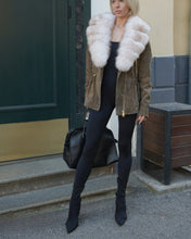 Load image into Gallery viewer, Vivienne Genuine Suede Polar Fox Trim Coat in Olive
