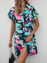 Load image into Gallery viewer, Women's Colorful Tropical Print Shirt Dress – Button Front Short Sleeve Collared A-Line Midi
