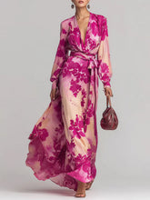 Load image into Gallery viewer, Women's Printed Chiffon Long Sleeve V-Neck Tie-Up Maxi Dress — Floral Fairy Dress
