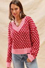 Load image into Gallery viewer, SO ME Color Block Textured Christmas Sweater V Neck Top
