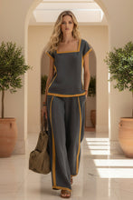 Load image into Gallery viewer, Women's Linen-Style Square Neck Cap Sleeve Top &amp; Wide-Leg Pants Set with Contrast Trim
