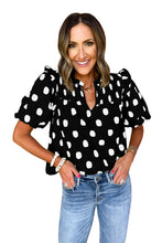 Load image into Gallery viewer, Black Polka Dot Print Smocked Notched Neck Balloon Sleeve Blouse
