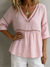Load image into Gallery viewer, Women's V-Neck Hollow-Out Fringe Cotton-Linen Top
