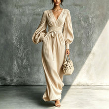 Load image into Gallery viewer, Women's Deep V-Neck Pleated Bishop Sleeve Smocked Waist Maxi Dress

