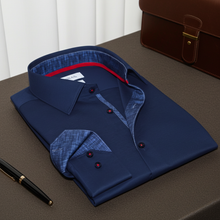 Load image into Gallery viewer, Kevin// Cotton Knit-Stretch Button-Up Shirt With Contrast Details // Navy // Tailored Fit (Fitted)
