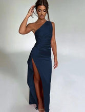 Load image into Gallery viewer, Sexy One-shoulder Backless Slit Dress Summer Elegant Slim-fit Solid Color Satin Dresses For Women
