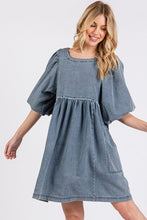 Load image into Gallery viewer, Washed Round Neck Puff Sleeve Denim Dress – Casual, Vintage-Inspired, Comfortable &amp; Chic, Effortlessly Stylish, Classic Denim Dress
