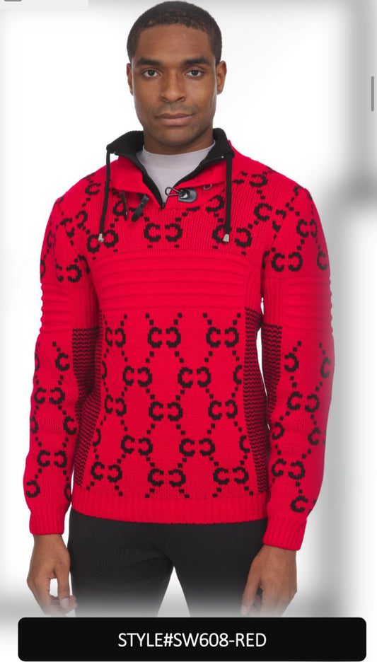 Suslo Couture Men's Black & Red Pullover Sweater | Meander Print