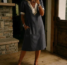 Load image into Gallery viewer, Color-Block Patchwork Lace Dress – Short Sleeve A-Line

