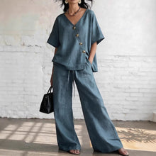 Load image into Gallery viewer, Women's Loose Cotton-Linen V-Neck Top &amp; Wide-Leg Pants Set
