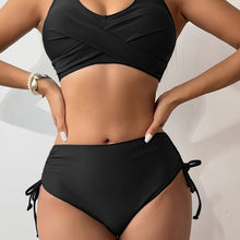 Load image into Gallery viewer, Bikini Twist Front V Neck High Waist 2 Piece Bikini Set for Women – Stretchy Tie Back Swimsuit with Drawstring Lace Up and Comfortable Fit – Trendy Solid Color Swimwear for Beach Days Pool Parties and Summer Vacations
