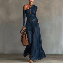 Load image into Gallery viewer, Asymmetrical Shoulder Long Sleeve Dress Set – Belted A-Line Maxi Dress
