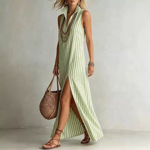 Load image into Gallery viewer, Striped Stand Collar Side-Slit Sleeveless Maxi Dress – A-Line Cami
