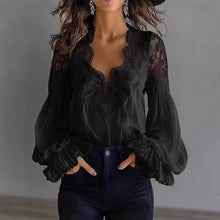 Load image into Gallery viewer, Lace-Panel Puff Sleeve Pleated Ruffle Shirt | Ballet Style

