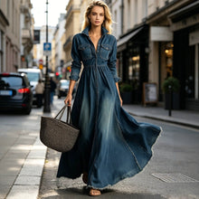 Load image into Gallery viewer, Women's Dark Blue Denim Shirt Collar Button-Down High Waist Maxi Dress
