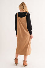 Load image into Gallery viewer, Faux Suede Cut Edge Slit Cami Midi Dress – Elegant Midi Dress, Faux Suede Dress, Chic Slit Dress, Sophisticated Dress, Versatile Cami Dress
