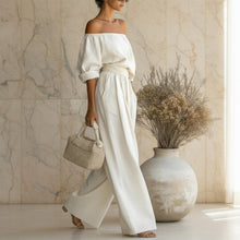 Load image into Gallery viewer, Women's Off-Shoulder Puff Sleeve Blouson Top &amp; High-Rise Wide-Leg Pants Set
