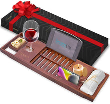 Load image into Gallery viewer, Bamboo Bathtub Caddy Tray – Expandable Waterproof Bath Tray with Wine Glass Holder, Tablet Stand &amp; Removable Accessory Slots – Eco-Friendly, Adjustable &amp; Durable
