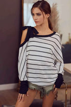 Load image into Gallery viewer, BiBi Stripe Yarn Dye Waffle One Shoulder Women's Top with Ribbon Detail
