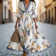 Load image into Gallery viewer, Women's Floral Print Maxi Dress With Deep V-Neck &amp; Flare Sleeves
