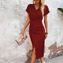 Load image into Gallery viewer, Split V-Neck Bodycon Dress – Slim Fit Short Sleeve Slit Dress
