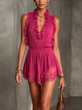 Load image into Gallery viewer, Lace Spliced V-Neck Mini Dress – Sleeveless High-Waist Ruffle Dress for Women
