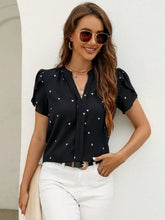 Load image into Gallery viewer, Women's V-Neck Heart Print Blouse – Petal Sleeve Pleated Front Elegant Top
