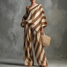 Load image into Gallery viewer, Women's Retro Striped Batwing Top &amp; Wide-Leg Pants Two-Piece Set
