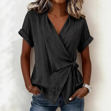 Load image into Gallery viewer, Women's Casual Lapel Collar Lace-Up Short-Sleeve Linen Top

