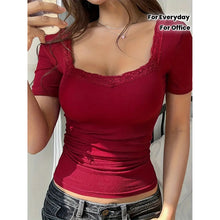 Load image into Gallery viewer, Women’s Y2K Lace Trim Slim Fit Tee – U-Neck Short Sleeve Top
