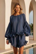 Load image into Gallery viewer, Women's Lantern Sleeve Ruffle Hem Top &amp; Ruffle Shorts Linen-Style Two-Piece Set
