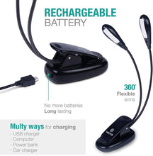 Load image into Gallery viewer, Super Adjustable Goosenecks Clip LED Lamp For Book Reading With Stand And Double Ligh  Rechargeable 12 LED Warm Book Light, Clip On Bed Reading Light, Music Stand Lamp, 2 Brightness &amp; 2 Goosenecks Light Up 2 Full Pages. Perfect For Bookworms, Kids &amp; Music
