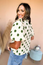 Load image into Gallery viewer, Black Polka Dot Print Smocked Notched Neck Balloon Sleeve Blouse
