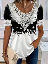 Load image into Gallery viewer, Women's Lace Patchwork Crew Neck Short Sleeve T-Shirt
