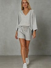 Load image into Gallery viewer, Women's Loose V-Neck Long Sleeve Striped Shorts Set – Casual Leisure
