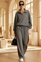 Load image into Gallery viewer, Women's Polo-Collar Oversized Sweatshirt &amp; Side-Stripe Wide-Leg Pants Set
