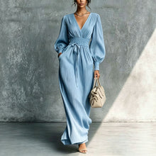 Load image into Gallery viewer, Women's Deep V-Neck Pleated Bishop Sleeve Smocked Waist Maxi Dress
