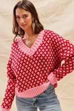 Load image into Gallery viewer, SO ME Color Block Textured Christmas Sweater V Neck Top
