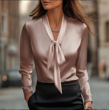 Load image into Gallery viewer, Elegant Satin Ribbon Blouse — Long Sleeve Button-Down Work Shirt

