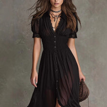 Load image into Gallery viewer, Women's Short Sleeve Bodycon Maxi Dress | Ruffled Hem Side Slit Dark Chic Dress in Black
