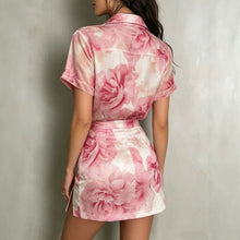 Load image into Gallery viewer, Rose Print Short Sleeve Slim Shirt &amp; Slit Mini Skirt Two-Piece Set
