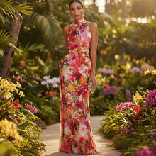 Load image into Gallery viewer, Floral Strapless Chiffon Maxi Dress – Elegant High-Waist A-Line Long Dress for Women
