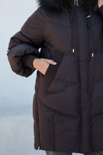 Load image into Gallery viewer, Celeste Genuine Fur Trim Down Fill Coat in Fig
